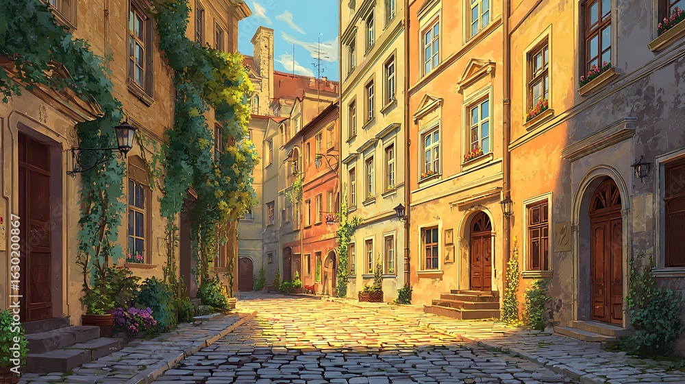 Fototapeta premium A sunlit, narrow street lined with pastel-colored buildings.