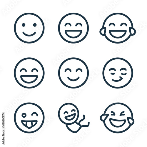 Laughing Faces Icons. Outline icon set of laugh in expressions: smiling face, laughing face, tears of joy, wide smile, giggle,