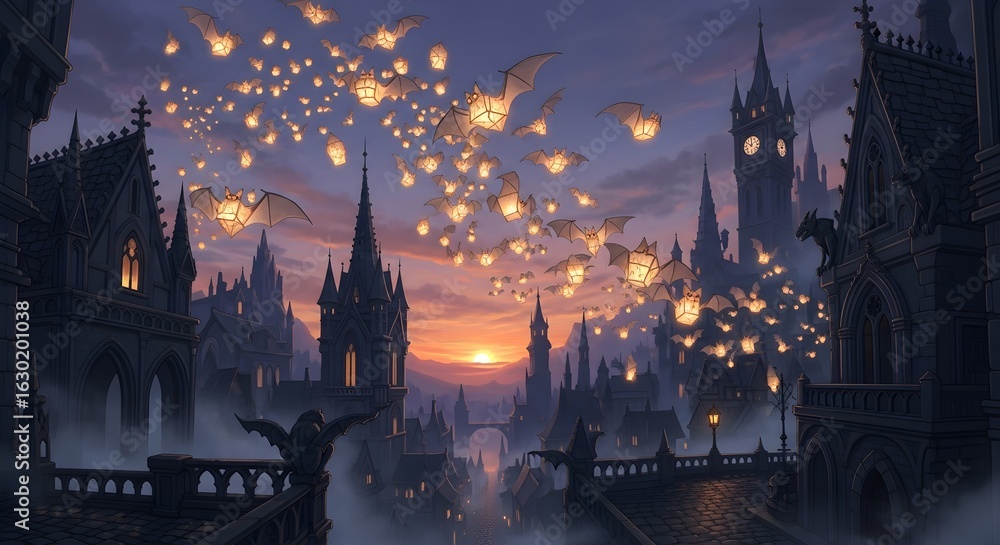 Fototapeta premium A gothic fantasy city at sunset with bats flying around the buildings