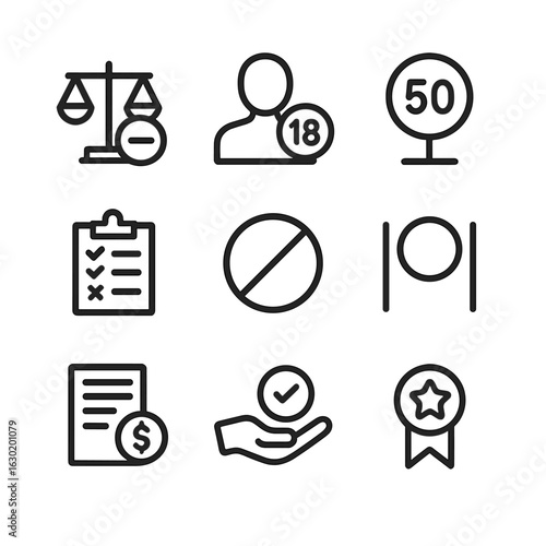 Law Threshold Icons. Outline icon set of threshold in law: legal limit, age restriction, speed limit, quota, ban zone, curfew,