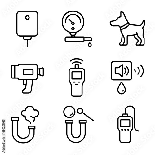 Leak Detection Icons. Outline icon set of leak detection tools: sensor, pressure gauge, detector dog, infrared camera, ultrasonic