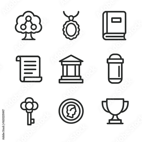 Legacy Symbols Icons. Outline icon set of legacy symbols: family tree, heirloom, old book, scroll, monument, time capsule, vintage
