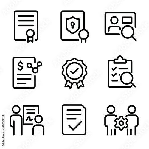 Legal Icon Set. Outline icon set of token legal and compliance: terms of service, privacy policy, KYC, AML, regulatory approval,