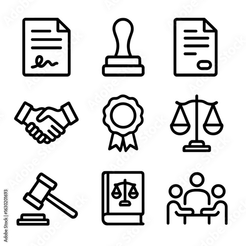 Legal Icon Set. Outline icon set of bond types in law and contracts: signed document, notary stamp, contract, seal, handshake,