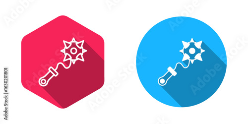 Filled and outline Medieval chained mace ball icon isolated with long shadow background. Morgenstern medieval weapon or mace with spikes. Vector