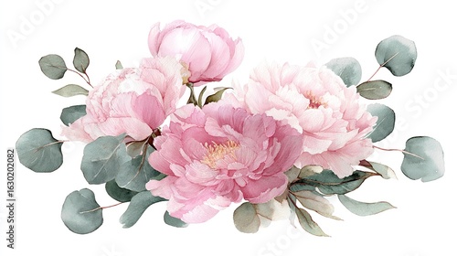 A delicate watercolor illustration of pink peonies and eucalyptus leaves, showcasing botanical beauty.