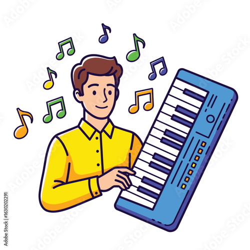 A young man joyfully plays music on a portable electronic synthesizer keyboard. Musical notes float around in this charming cartoon illustration.
