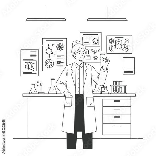 Woman scientist in a laboratory conducting an experiment. A female researcher holds a test tube, symbolizing scientific discovery and analysis.
