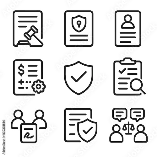 Legal Icon Set. Outline icon set of token legal and compliance: terms of service, privacy policy, KYC, AML, regulatory approval,