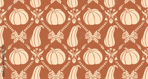 Seamless vector pattern with pumpkins and autumn botanical elements in vintage style