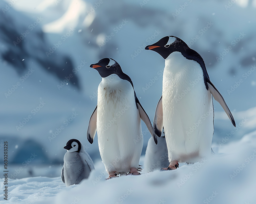 Obraz premium A penguin waddles with charm across icy lands, its black and white coat sleek against the snow. Graceful in water, loyal in groups, it thrives in the cold with heartwarming spirit.