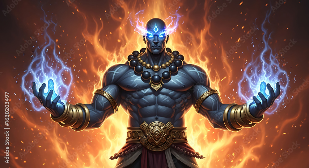 Fototapeta premium Mystic Guardian Unleashing Energy Amidst Fiery Inferno A Majestic Fusion of Power and Mysticism
