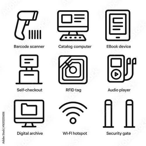 Library Tech Icons. Outline icon set of library technology: barcode scanner, catalog computer, ebook device, self-checkout machine