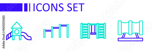 Set line Kid playground slide pipe, Swedish wall, Sport horizontal bar and Slide icon. Vector