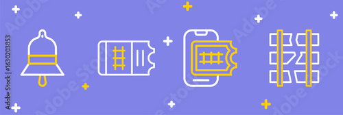 Set line Broken or cracked railway, Online ticket booking, Train and station bell icon. Vector