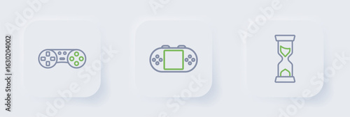 Set line Old hourglass, Portable video game console and Game controller joystick icon. Vector