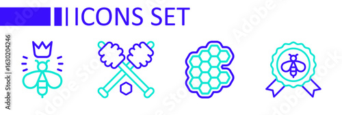 Set line Best bee, Honeycomb, dipper stick and Queen icon. Vector