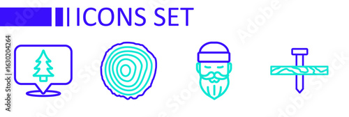 Set line Metallic nail, Lumberjack, Tree rings and Location of the forest icon. Vector