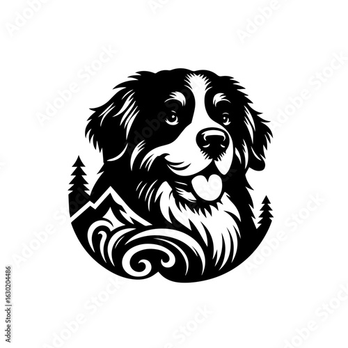 Bernese Mountain Dog Portrait with Mountain and Forest Elements.