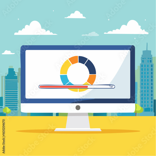 Loading process in computer screen. System software update, data upgrade or synchronize with progress bar. Loading process in monitor screen.