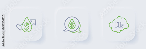 Set line CO2 emissions in cloud, Oil drop with dollar symbol and price increase icon. Vector