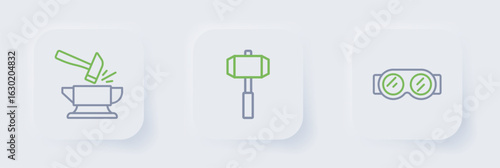 Set line Welding glasses, Sledgehammer and Anvil and icon. Vector