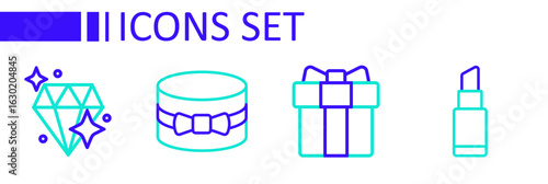 Set line Lipstick, Gift box and heart, and Diamond icon. Vector