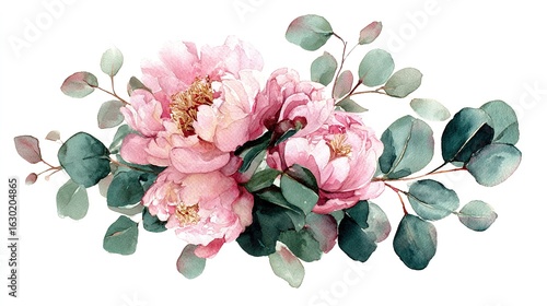 Fototapeta Naklejka Na Ścianę i Meble -  A delicate watercolor illustration of pink peonies and eucalyptus leaves, showcasing botanical beauty.