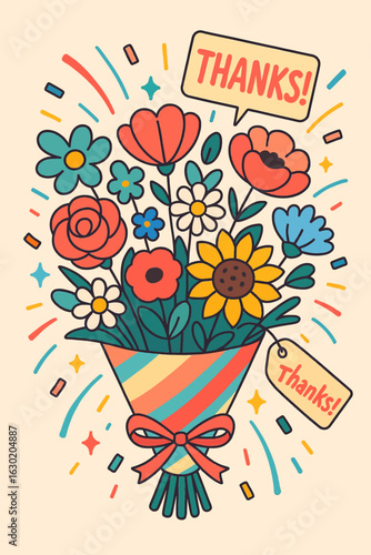 Playful floral bouquet illustration with “Thanks!” message in a cheerful pop-art style — perfect for greeting cards, thank you notes, and cheerful spring or celebration-themed designs