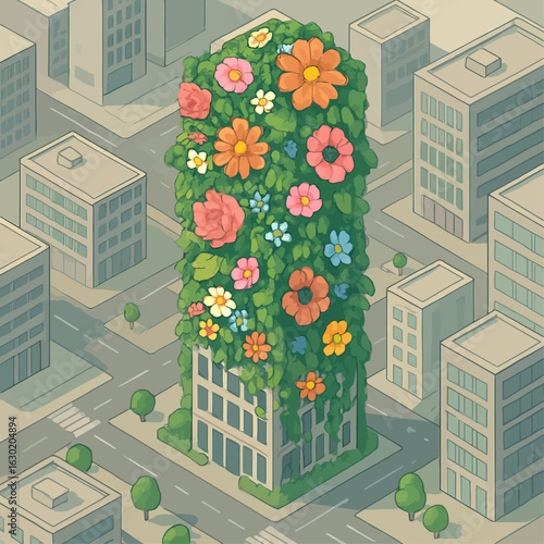 Imaginative illustration of a skyscraper covered in vibrant flowers and greenery, symbolizing eco-architecture, sustainability, and green urban living in a modern cityscape