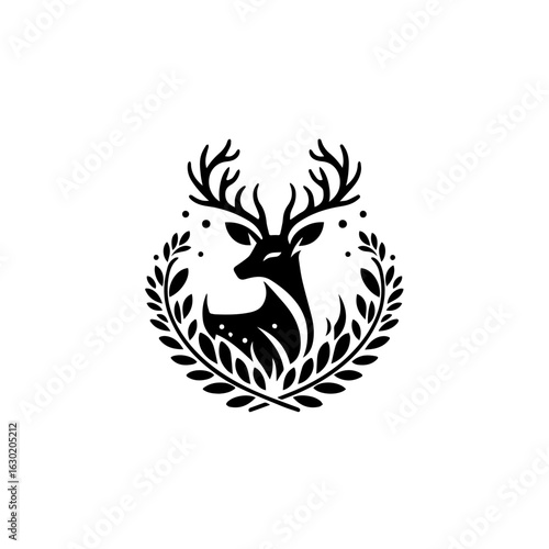 Elegant Black Deer Silhouette with Laurel Wreath.