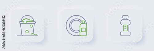 Set line Bottle for detergent, Dishwashing bottle and plate and Bucket with foam bubbles icon. Vector