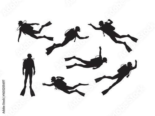 Collection of scuba divers in action silhouette vector isolated on white background.