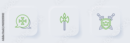 Set line Shield with swords, Medieval axe and Crusade icon. Vector