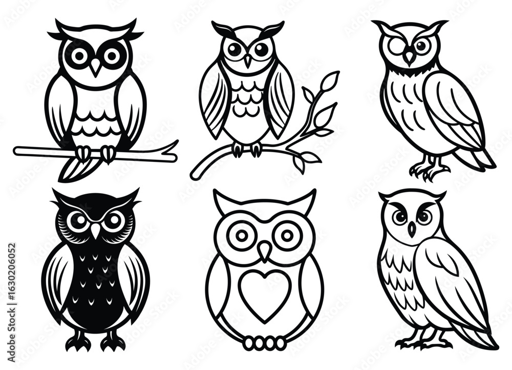 Obraz premium Cute Owl Character in Black Silhouette Style – Vector Illustration for Kids & Nature Art