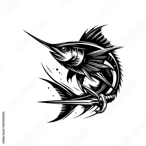 Majestic Marlin Fish Spear Fishing Illustration.