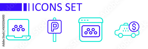 Set line Taximeter device, mobile app, Parking and icon. Vector