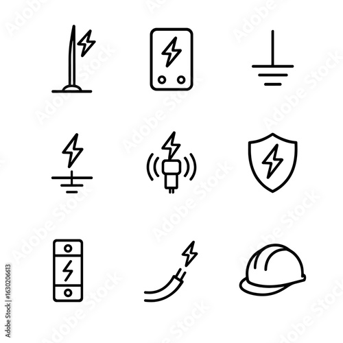 Lightning Protection Icons. Outline icon set of lightning protection: lightning rod, surge protector, grounding, lightning