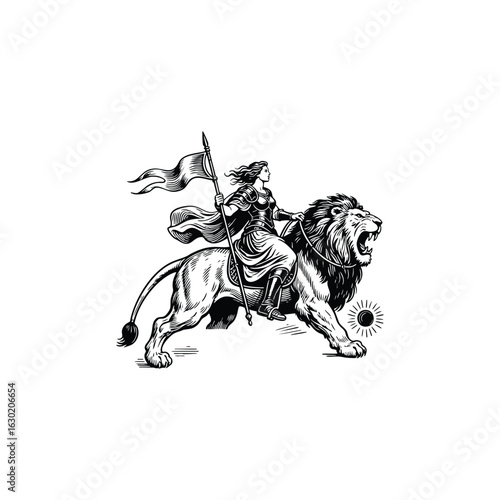 engraving of a graceful woman holding a flag while riding a mighty lion