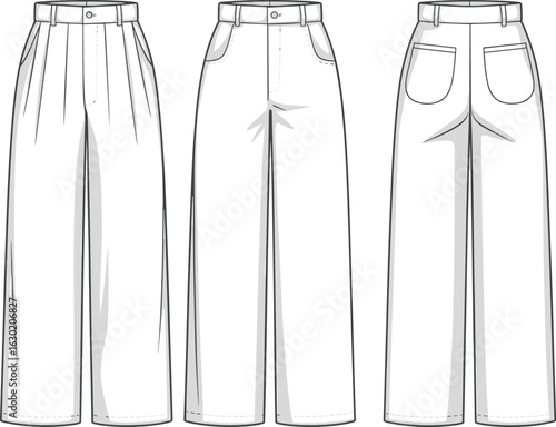 Cad drawing flat vector illustration of wide leg women pants, fashion technical sketch, front side back view, clothing template