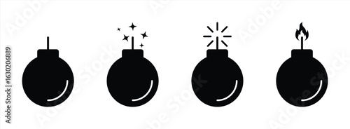 Bomb Icon Set with Different Fuse States Including Unlit, Sparkling, Ignited, and Burning Fuse Variants, Flat Silhouette Style Vector Illustration