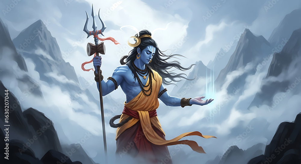Naklejka premium Illustrative depiction of a divine hindu deity amidst the misty mountains conveying spiritual