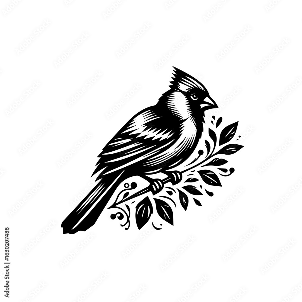 Naklejka premium Stylized Black and White Cardinal Bird Perched on Branch.