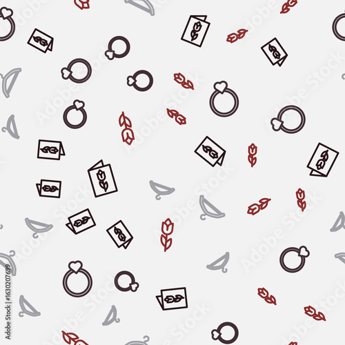 Set line Greeting card with 8 March, Diamond engagement ring, Hanger wardrobe and Flower tulip on seamless pattern. Vector