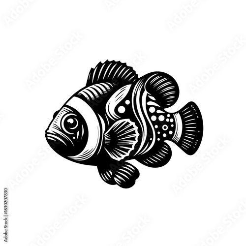 Stylized Black and White Clownfish Illustration.