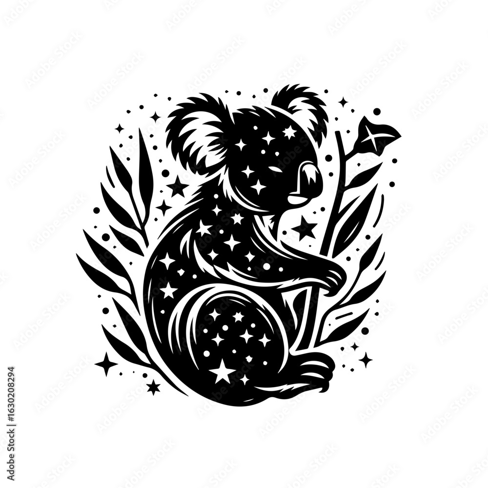 Obraz premium Stylized Black and White Koala with Stars and Leaves.
