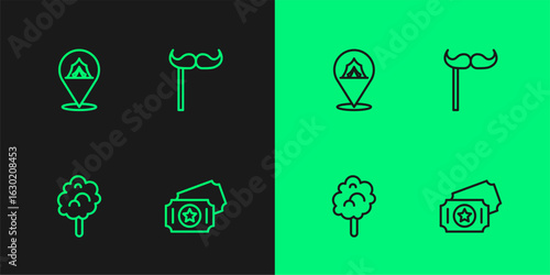 Set line Circus ticket, Cotton candy, tent and Paper mustache stick icon. Vector