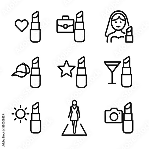 Lipstick Icon Grid. Outline icon set of lipstick for occasions: date night, work meeting, bridal makeup, casual outing, red carpet