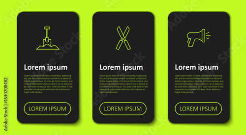 Set line Shovel, Gardening scissors and hose. Business infographic template. Vector