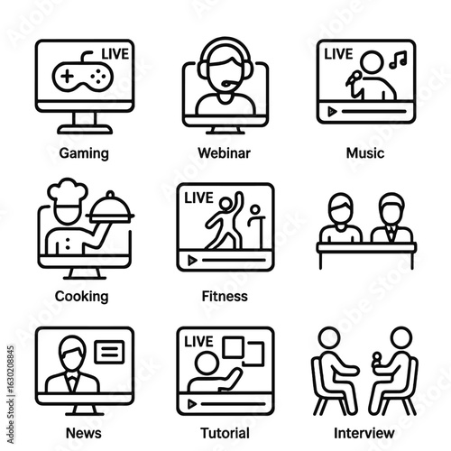 Live Stream Icon Set. Outline icon set of live streaming activities: gaming, webinar, music concert, cooking show, fitness class,